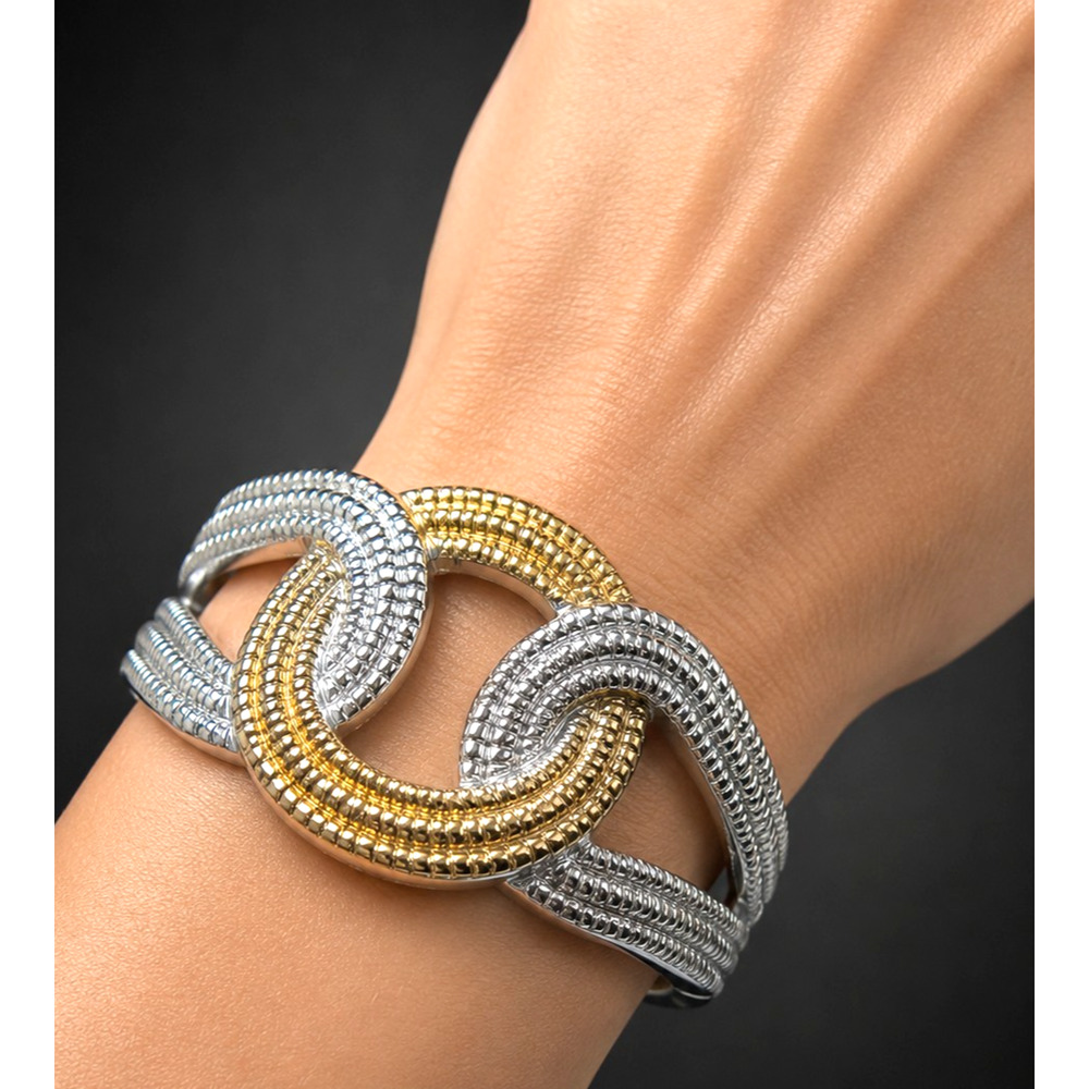 Vintage Silver Gold Bangle Bracelet Interlocking Circle Hinged Textured B-TN26